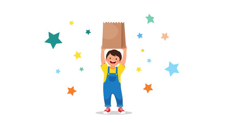 Joyful Child Presenting A Paper Bag, Amidst A Whimsical Backdrop Of Stellar Decorations