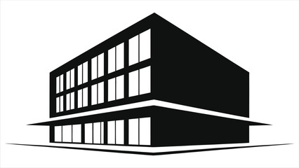 Vector silhouette of a modern cube-shaped hotel or office building. Minimalist architectural icon for real estate, corporate branding, or construction logo design. Black and white graphic illustration