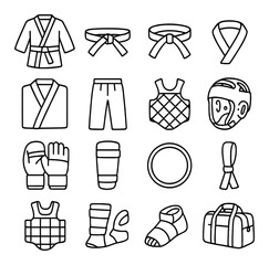 Martial arts gear icons set: kimono, belt, gloves, helmet, protective wear