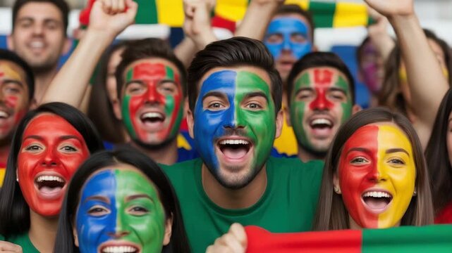 Cheering crowd with painted faces celebrating soccer match victory in stadium. Soccer match viewers are excited about game with vibrant face paint and team support.