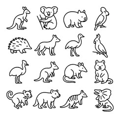Cute australian wildlife outline: kangaroo, koala, wombat, cockatoo, platypus, echidna, dingo, wallaby