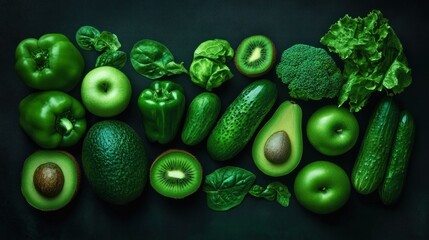 Green fruits and vegetables on dark background