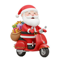 Santa Claus joyfully rides his red scooter, delivering Christmas presents. His cheerful expression and the festive gifts create a magical holiday scene