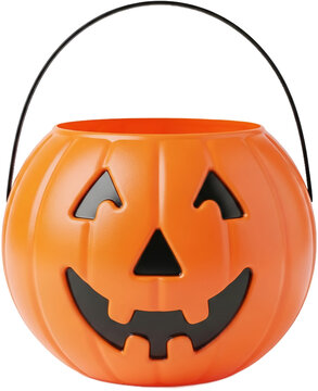 Orange plastic pumpkin bucket with a handle, jack-o'-lantern face, isolated on a transparent backgroundpng image Halloween decoration