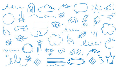 Line marker hand drawn brush arrow element set. Sketch pencil stroke vector graphic pen underline scribble icon. Hand drawn line heart, crown, star symbol highlight marker shape. Vector illustration