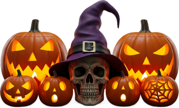 Lit jack-o'-lanterns, a skull wearing a witch's hat, isolated on a transparent background PNG image, creates a spooky Halloween scene ideal for digital design
