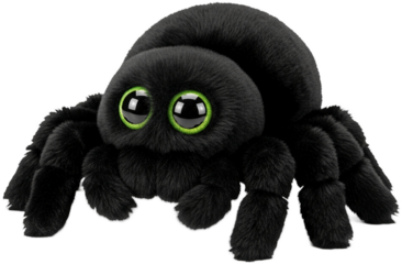 Black plush spider toy, large green eyes, furry texture, isolated on a transparent background, png image, cute and playful design