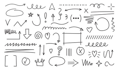 Line marker hand drawn brush arrow element set. Sketch pencil stroke vector graphic pen underline scribble icon. Hand drawn line heart, crown, star symbol highlight marker shape. Vector illustratPrint