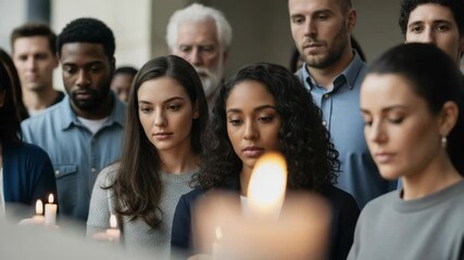 Mourning gathering with candlelight vigil, diverse group of people stand together, holding candles in dimly lit space. Mourning gathering expresses solidarity and remembering.