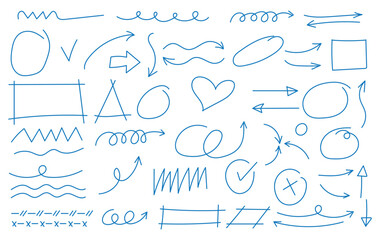 Fototapeta premium Line marker hand drawn brush arrow element set. Sketch pencil stroke vector graphic pen underline scribble icon. Hand drawn line heart, crown, star symbol highlight marker shape. Vector illustration