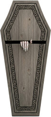 Wooden coffin with carved detail, isolated on a transparent background, showcasing a pair of hands emerging from the crack; png image, Halloween or gothic concept