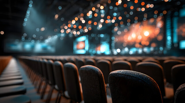 A conference hall with rows of empty chairs and a stage with a screen in the background.
