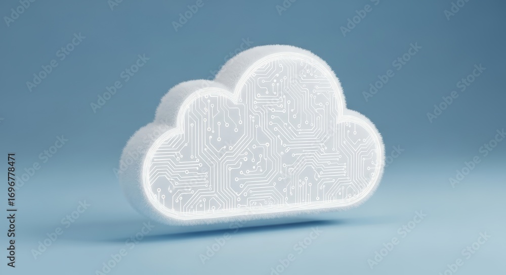 Poster fluffy cloud computing circuit board concept representing digital innovation and data technology