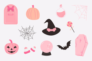 Pink set of Halloween elements. A trendy coquette style. Vector illustration