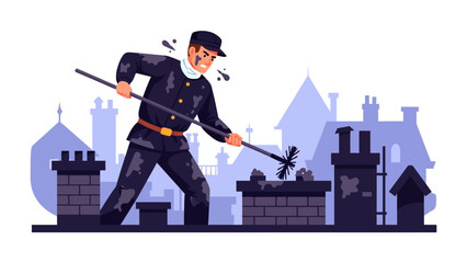Chimney Sweep at Work: A diligent chimney sweep is hard at work, expertly cleaning a chimney, soot smudges his face, rooftop silhouettes create a backdrop. 