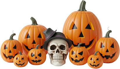 Group of carved orange pumpkins and skull wearing hat, isolated on a transparent background. PNG image showcases Halloween theme, perfect for festive designs or spooky celebrations