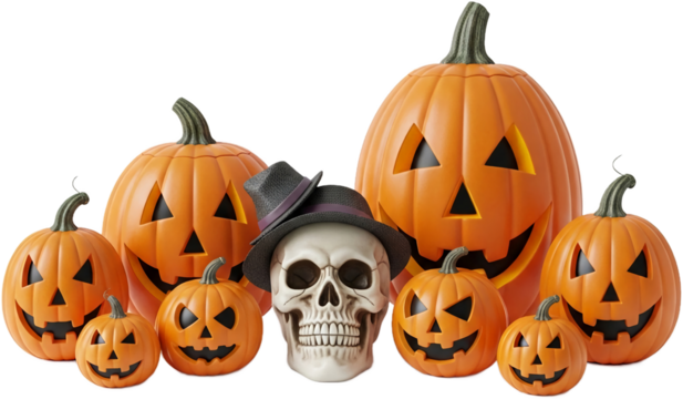 Group of carved orange pumpkins and skull wearing hat, isolated on a transparent background. PNG image showcases Halloween theme, perfect for festive designs or spooky celebrations