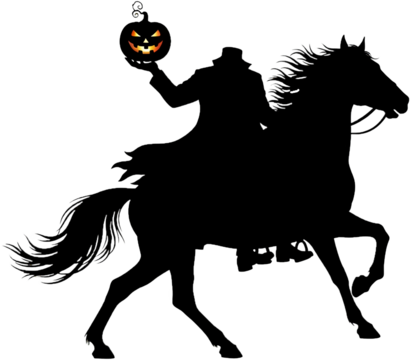 Silhouette of rider on horseback, holding jack-o'-lantern, isolated on a transparent background.  PNG image, Halloween concept, spooky, mysterious