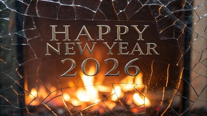 Happy New Year 2026 message in shattered glass with fiery background for unique holiday promotions