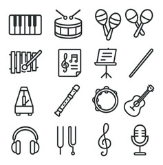 Obraz premium Outline icons of musical instruments and accessories on gray background