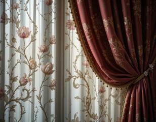 Elegant floral patterned curtains drape softly, adding a touch of classic luxury to a room.