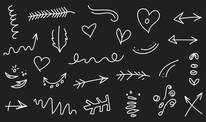 Arrow hand drawn line set. Scribble sketch line element in hand drawn black marker, pencil stroke style. Decorative curve arrow, underline, scribble doodle scratch design elements. Vector illustration