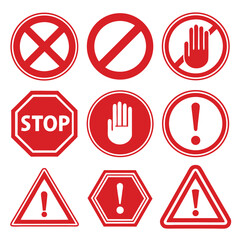 Nine Red and White Traffic and Prohibition Signs Arranged in a Grid traffic sign warning sign