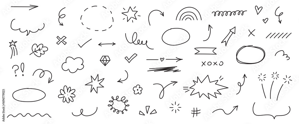 Poster arrow hand drawn line set. scribble sketch line element in hand drawn black marker, pencil stroke st