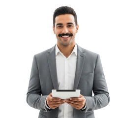 Smiling businessman holding a tablet appreciating technology in modern business environment transparent background