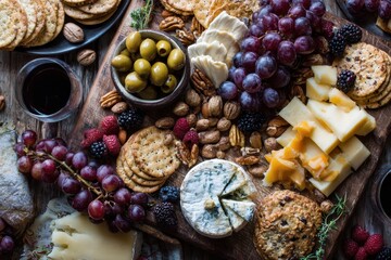 Delicious cheese board with grapes, olives, and crackers.