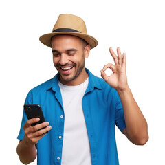 Happy man wearing fedora and blue shirt showing ok gesture while using smartphone transparent background