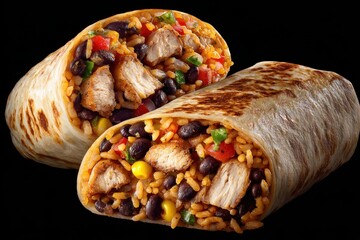 Delicious Chicken Burrito with Rice and Beans.