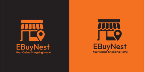 A modern logo for EBuyNest, a shopping platform, displayed in two color variations: orange on black and black on orange.