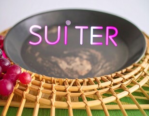 An artful arrangement of grapes, a woven mat, and a stylish plate for serving