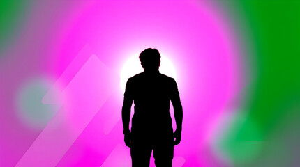 Between Two Worlds: Backlit Silhouette in Vibrant Pink and Blue Abstract Background for Branding