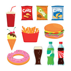 Set of fast food, drinks in cartoon style. Vector illustration: chips, drink in paper cup with straw, ice cream, french fries, hamburger, donut, carbonated sweet drinks isolated on white background.