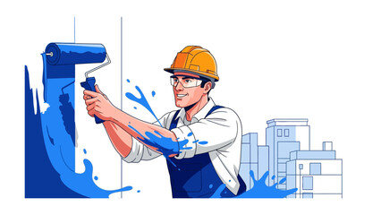 Painting the Future: A skilled painter, clad in a protective helmet and safety goggles, skillfully applies vibrant blue paint with a roller to a building.