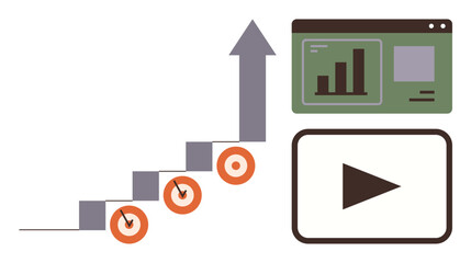 Steps with growth arrow and targets, analytics dashboard, and play button represent success, strategy, data analysis, goal setting, achievement, learning and productivity. Ideal for business