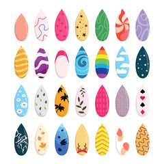 Set of stiletto nails in cartoon style. Vector illustration of long, sharp nails with different designs: french, waves, hearts, stars, spiral, rainbow, clouds, flowers, leaves, lightning, fish, spots.