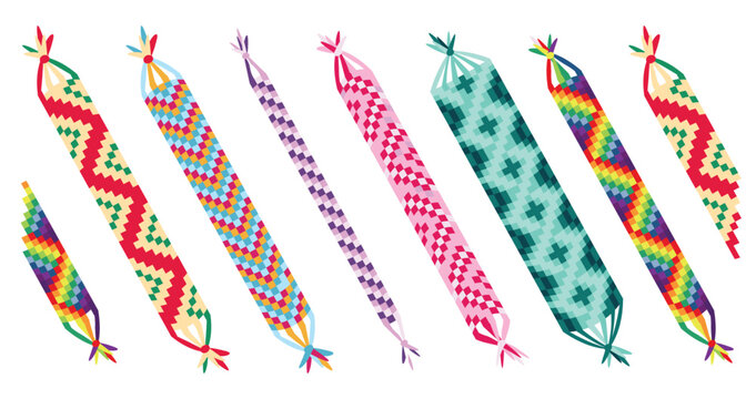 Set of multicolored friendship bracelets in cartoon style. Vector illustration of beautiful handmade bracelets with different patterns isolated on white background. Braided bracelets from threads.