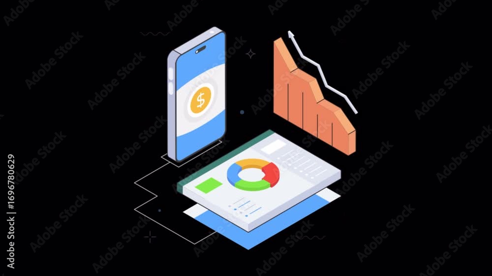 Poster mobile analytics with pie chart animation alpha channel
