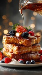 Delicious French Toast Stack with Berries and Maple Syrup Pour.