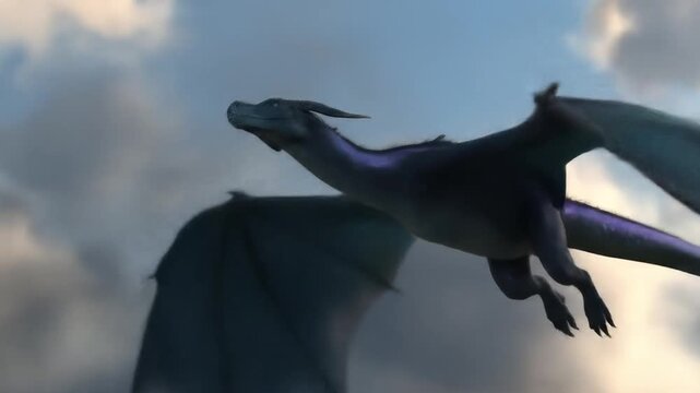 Blue-toned dragon soars majestically against a backdrop of cloudy skies, wing outspread