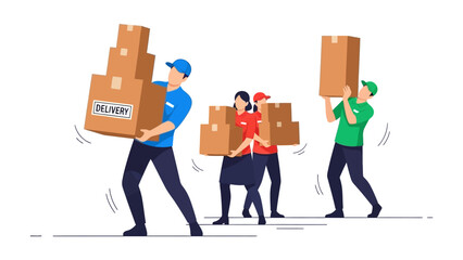 Delivery Team at Work: A dynamic illustration of a dedicated delivery team, each member diligently carrying stacked cardboard boxes, embodying the essence of efficient service and reliable logistics.