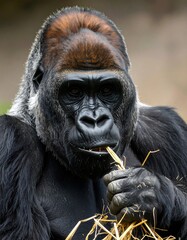 Obraz premium Close-up view of a magnificent gorilla, showcasing its detailed features and attentive expression while consuming hay.