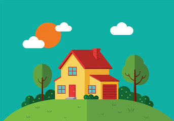 A charming yellow house with a red roof on a green hill, surrounded by trees, bushes, and a sunny sky isolated on white background, creating a peaceful scene