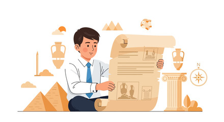 Man Reading Ancient Parchment Scroll About History And Civilization Discoveries