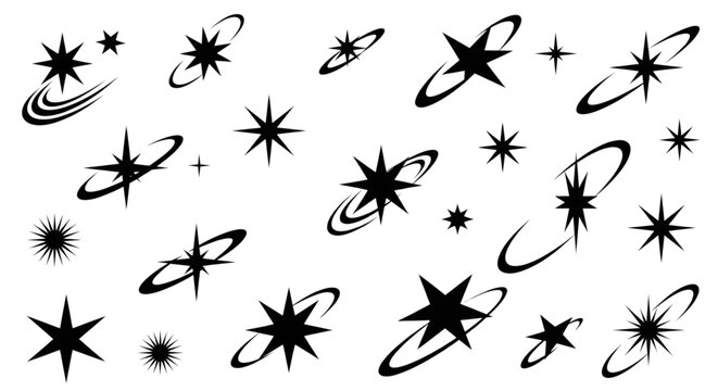 Black and White Vector Stars, Orbits, and Sparkles Collection. Celestial Graphic Design Elements and Icons.