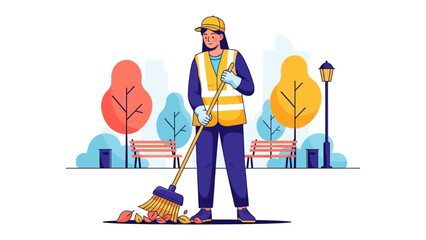 The diligent worker: An illustration portraying a diligent worker, donning a safety vest, skillfully sweeping up autumn leaves in a public garden.