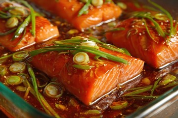 Delicious Glazed Salmon Fillets with Scallions and Sesame Seeds.